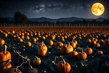 A Halloween Pumpkin Patch In The Moonlight, With Rows Of Pumpkins And Vines Stretching Into The Distance Under A Starry Sky.

