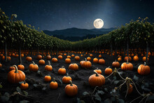 A Halloween Pumpkin Patch In The Moonlight, With Rows Of Pumpkins And Vines Stretching Into The Distance Under A Starry Sky.

