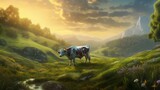 Fototapeta  - Illustration of a cow in a magical landscape.Generative AI