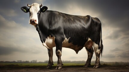 Sticker -  a black and white cow standing on a dirt road under a cloudy sky.  generative ai