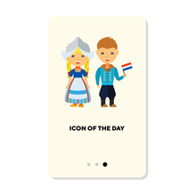 Dutch Couple In National Costumes Flat Vector Icon. Northern Europe Traditional Clothes And Flags Isolated Vector Illustration. History, Ethnicity, Tradition Concept For Web Design And Apps