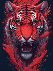 Wall Mural - Fantasy watercolor painting of a red devil tiger with swirling red wing against a dark backdrop.generative AI