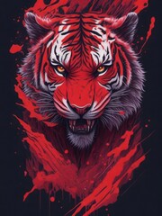 Wall Mural - Fantasy watercolor painting of a red devil tiger with swirling red wing against a dark backdrop.generative AI