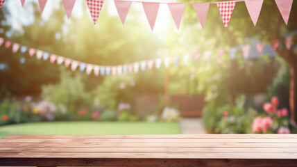 Wall Mural - Beautiful empty wooden rustic table or product, beverage, food placement display with blurred natural background. 