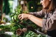 Woman is making a Christmas wreath. Generative AI
