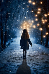 Little girl walking in winter fairy tale forest at night with lights on background.