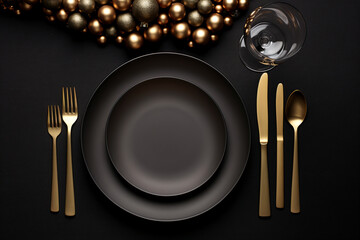 formal Christmas dinner setting,  minimalist black and gold