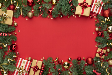 Wall Mural - Red Christmas Background with Ornament Frame