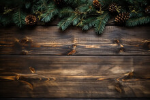 Christmas Background With Fir Tree And Decoration On Dark Wooden Board.  Illustration Of Christmas Post Card Or Banner Ad.