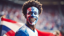 African American Male Man Happy Cheerleader At The Sports Stadium Of The Olympics Event With The French Flag On His Face
