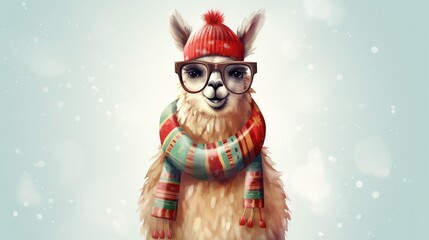 Canvas Print -  a llama wearing glasses and a hat with a scarf around its neck.  generative ai