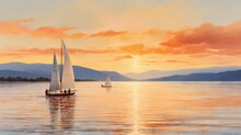  A Painting Of Two Sailboats In The Water At Sunset.  Generative Ai