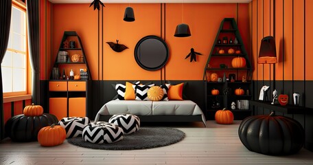 an orange and black Halloween themed room Generative AI