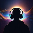 © 2D_Jungle - the back of a man wearing big headphones Against the backdrop of various colors. The concept of hearing and sound imagination. Generative ai.