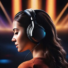 Wall Mural - the back of a women wearing big headphones Against the backdrop of various colors. The concept of hearing and sound imagination. Generative ai