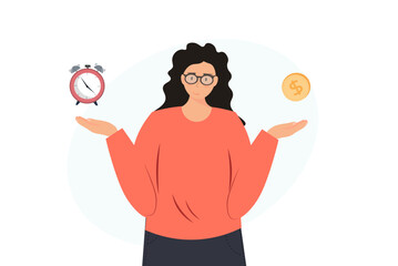 Person with timer and money, time is money concept, flat vector illustration