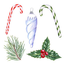 Candy Cane, Christmas Icicle, Pine Branch, Holly With Red Berries. Xmas And New Year Decoration. Watercolor Illustration Isolated On White Background.
