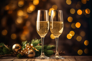 Champagne glass on wooden table and Christmas illumination on background.  illustration of celebrating Christmas and New Year