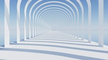 3D Render Of Slow Fly Camera Through White Half Round Arch Passage On Pier In Day Light With Sun Shadow And Reflection, 4K Loop Architectural Animation With Infinite Space Of Water And Sky