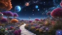 Space Nebula Seen From An Alien World With Planets In The Sky And Pretty Flowers Along The Path