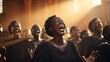 Afro american young woman singing excited in church gospel choir.