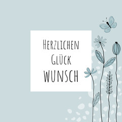 Sticker - Herzlichen Glückwunsch - Schriftzug in deutscher Sprache. Quadratische Glückwunschkarte mit floralem Design in Hellblau.