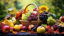 Composition With Vegetables And Fruits In Wicker Basket On The Table
