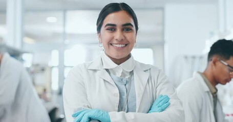 Poster - Science, arms crossed and face with woman in laboratory for medical, pharmacy and vaccine research. Future, medicine and healthcare with portrait of person for chemistry, analysis and biotechnology