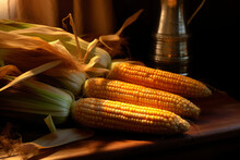Fresh Corn And Boiled Corn On Cob In Water Drops