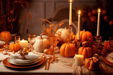 Thanksgiving table setting with pumpkins and candles at autumn home decoration