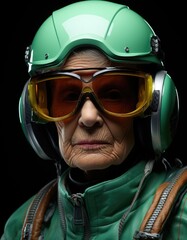 Canvas Print - An older woman wearing a green helmet and goggles, AI