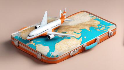 Minimal cartoon flight airplane travel tourism plane trip planning world tour luggage with pin location suitcase and map, leisure touring holiday summer concept. banner. 3d render illustration