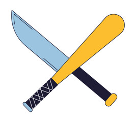 Poster - Crossed weapon flat line color isolated vector object. Baseball bat and sharp sword. Editable clip art image on white background. Simple outline cartoon spot illustration for web design
