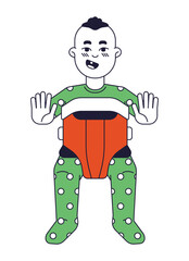 Poster - Cute baby flat line color vector character. Pretty face with one teeth. Toddler sitting in carrier. Editable outline full body person on white. Simple cartoon spot illustration for web graphic design
