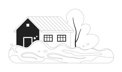 Poster - Flooded house monochrome flat vector object. Natural disaster. Flood. Editable black and white thin line icon. Simple cartoon clip art spot illustration for web graphic design