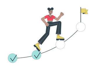 Poster - woman going up on milestones flat line concept vector spot illustration. achieving goals 2d cartoon 