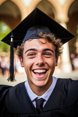 Wall Mural - Happy and smiling young boy celebrates graduation from university. Generative AI