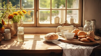 Freshly baked bread on wooden windowsill with a view of the nature