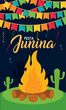 Vertical festa junina template campfire with logs and festival ornaments Vector