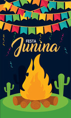 Wall Mural - Vertical festa junina template campfire with logs and festival ornaments Vector