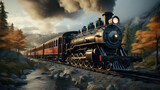Vintage black steam locomotive train with wagons rush railway.