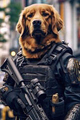 retriever swat dog uniform k9 body armor rifle gun hand humanized photography pet military