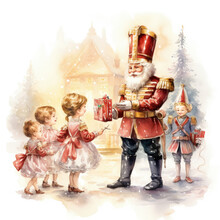 An Enchanting Watercolor Christmas Nutcracker Clipart Showcasing The Nutcracker Prince In The Midst Of A Joyous Christmas Party, Elegant Ballroom Setting With Grand Chandeliers, Generative Ai