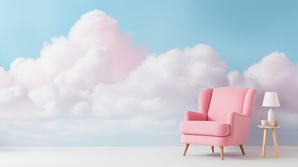 Sticker -  a pink chair sitting in front of a blue sky with clouds.  generative ai