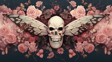 Sticker -  a skull with a butterfly wings and a skull surrounded by flowers.  generative ai