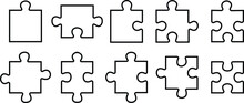 Puzzle Pieces Black Set Isolated On Transparent Background. Vector Line Group. Different Sides Square Presentation Collection. Abstract Infographic Explanatory Text Field For Business Statistics.