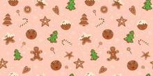 Christmas Cookies Seamless Pattern On Pink Background. Vector Christmas Dessert Repeat Print, Hand Drawn Tasty Gingerbread Illustration. Sweet Design For Wallpaper, Textile, Backdrop, Wrapping Paper.