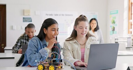 Aufkleber - Robotics, education and children with laptop at school learning coding, robot or car toy. Girl students in classroom for technology, electronics or science for development, innovation or teamwork