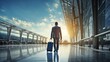 © lililia - a businessman's back view at the airport, holding a suitcase in hand. The scene conveys the anticipation and readiness associated with a journey.