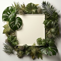 Wall Mural - Empty white frame surrounded with green tropical monstera leaves